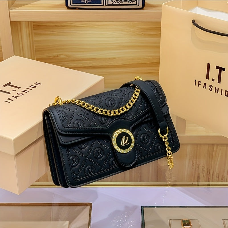 モノグラム型押し ショルダーバッグ エレガント レザー調 ファスナー クロスボディ チェーンフラップ 脇掛けミニバッグ