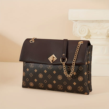 プリント チェーン クロスボディバッグ レディース ターンロック フラップバッグ カジュアル スクエアショルダー