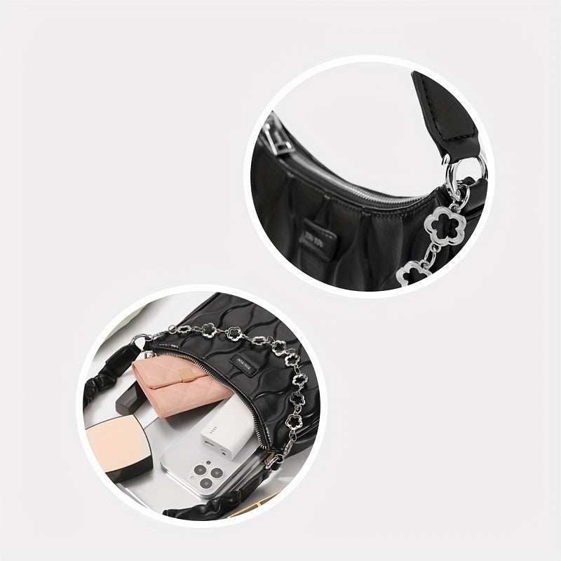 TOUTOU ウェーブ型押しショルダーバッグ チェーン装飾付き レディースハンドバッグ ギャザーストラップ 脇掛けミニバッグ