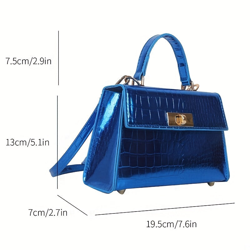 メタリック クロコ型押し ハンドバッグ ターンロック クロスボディバッグ レディース PUレザー フラップデザイン