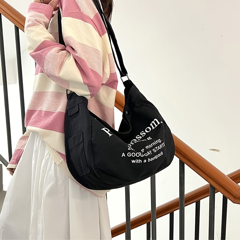 レター柄 キャンバス ホーボーバッグ ファッション 大容量 ショルダーバッグ カジュアル クロスボディ レディース