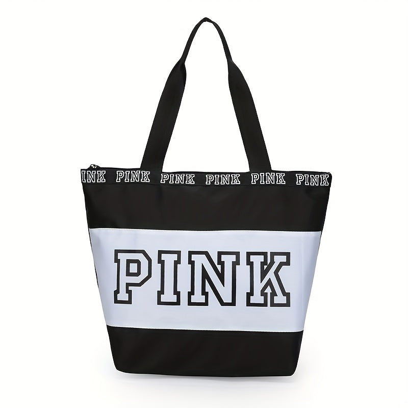 レディース ビーチトートバッグ ピンク カラーブロック ショルダーバッグ カジュアル トラベル ラゲッジバッグ