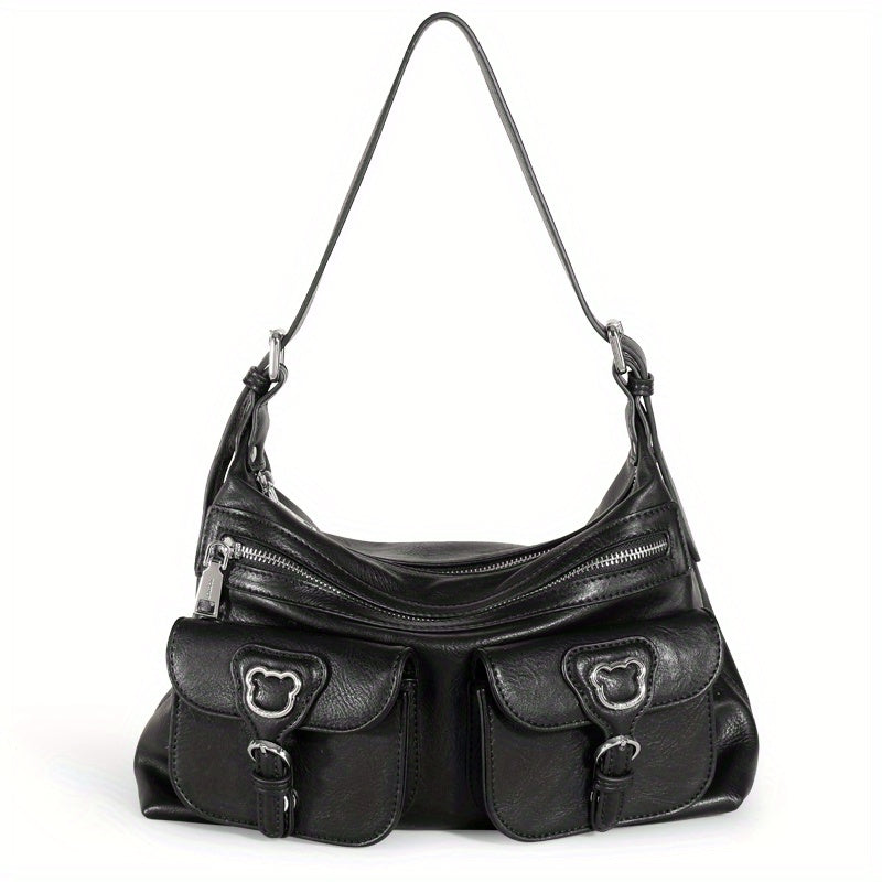 TOUTOU レトロスタイル ホーボーバッグ Y2K ポケットデザイン フロントショルダー レディース 大容量 クロスボディバッグ