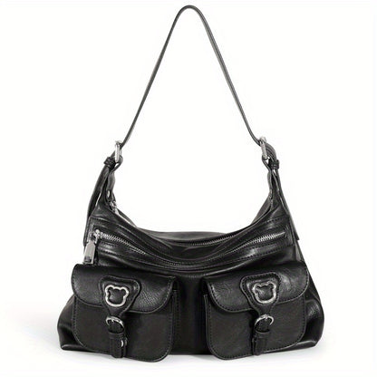 TOUTOU レトロスタイル ホーボーバッグ Y2K ポケットデザイン フロントショルダー レディース 大容量 クロスボディバッグ