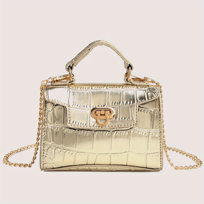 クロコ型押し ショルダーバッグ 無地 チェーンストラップ クロスボディ バックル装飾 トップハンドル レディースバッグ